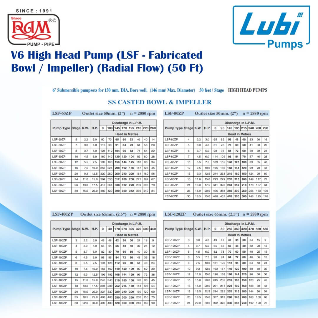 LUBI V6 High Head Pump (LSF - Fabricated Bowl / Impeller) (Radial Flow) (50 Ft)